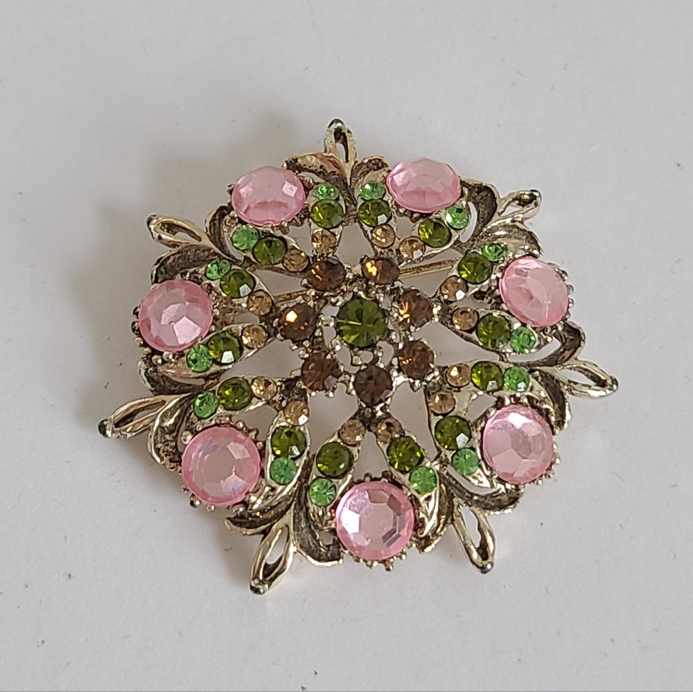 Vintage Art Deco Pink Green Brown Rhinestone Silver Flower Pendant Brooch Pin